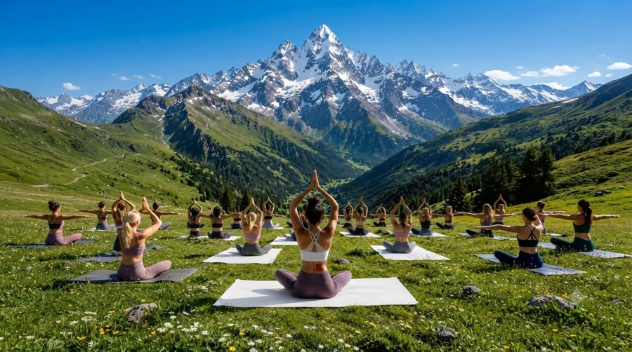 Séance de Pilates face aux montagnes